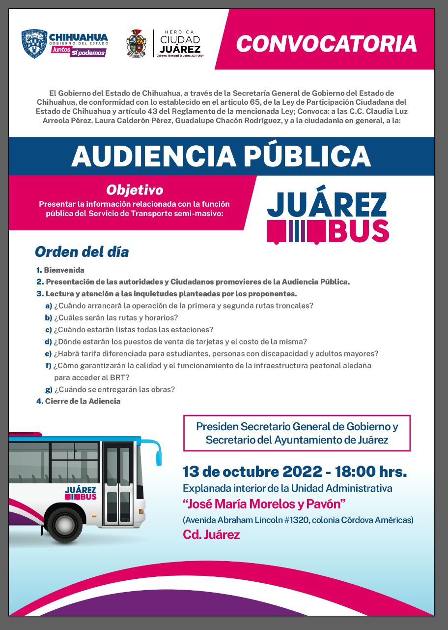 Anuncian Gobierno del Estado y Municipio audiencia pública sobre Troncal 2 del Juárez Bus