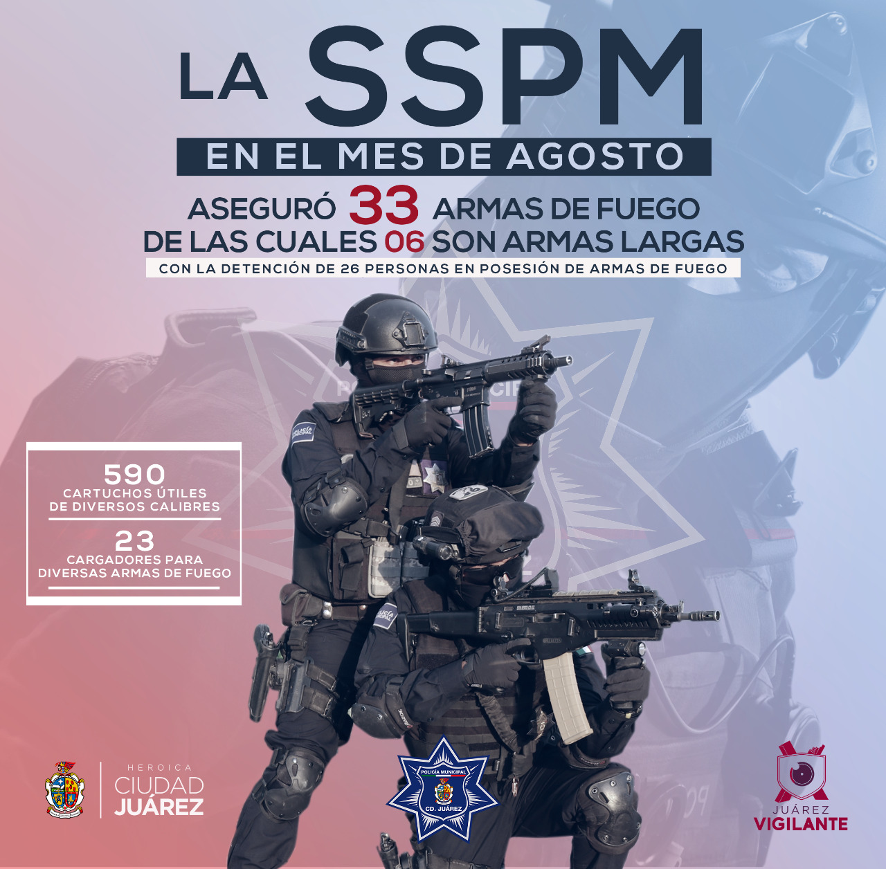 Durante el mes de agosto la Policía Municipal aseguró 33 armas de fuego