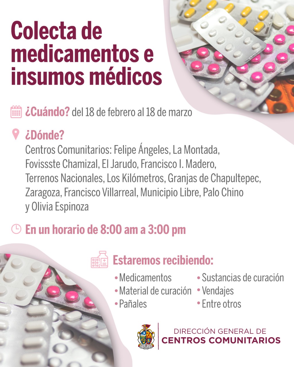 Centros Comunitarios pide donar medicamentos y material de curación