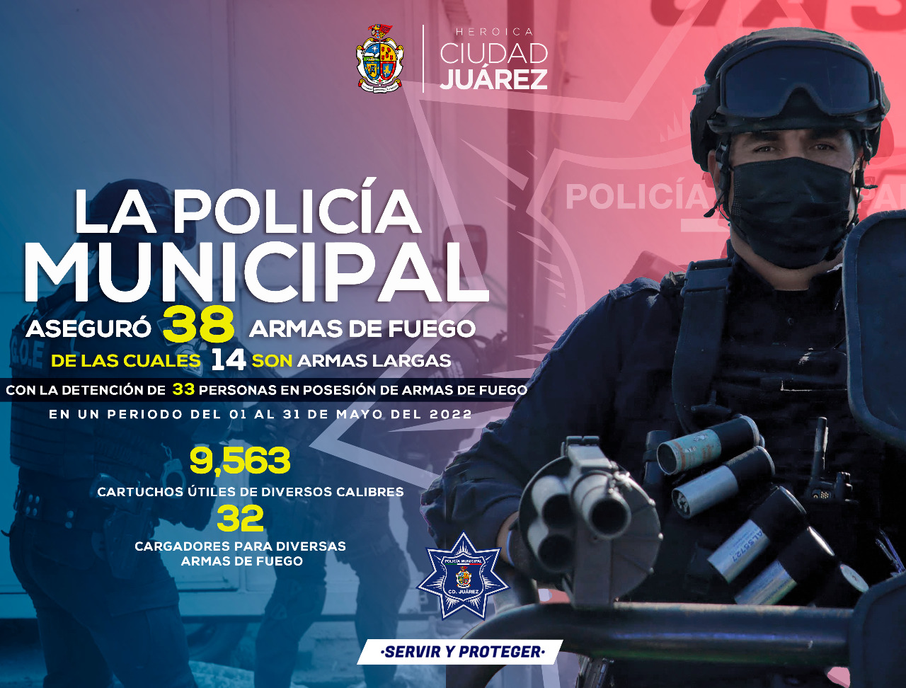 Durante el mes de mayo la Policía Municipal aseguró 38 armas de fuego