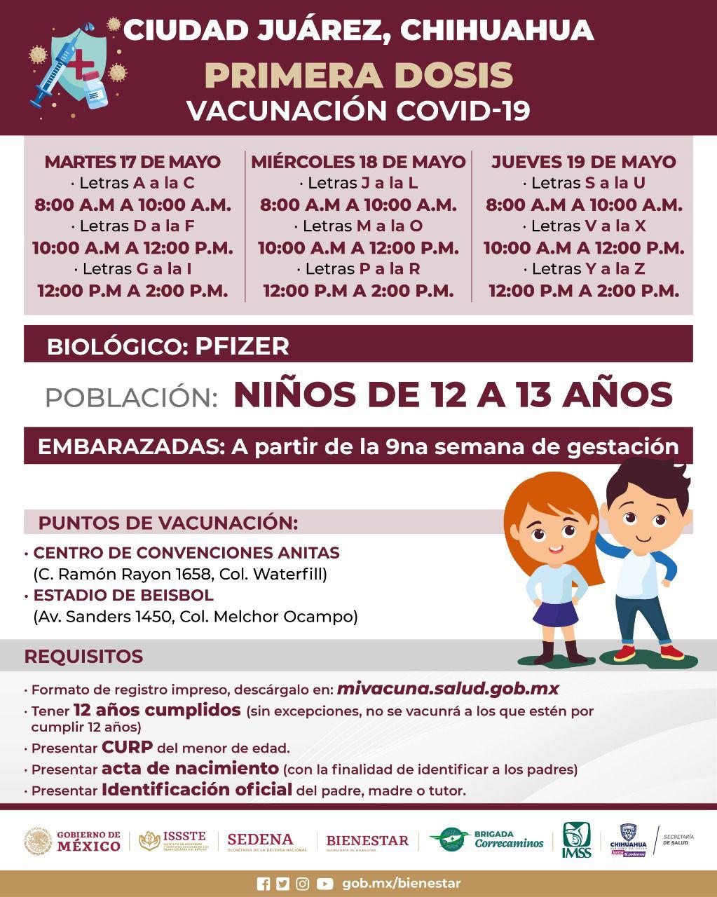 Menores de 12 y 13 años cumplidos serán vacunados a partir del 17 de mayo en Ciudad Juárez