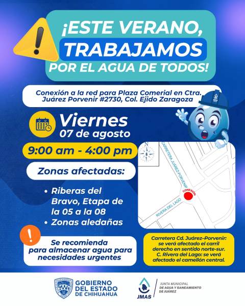 JMAS anuncia suspensión temporal de agua en Riberas del Bravo