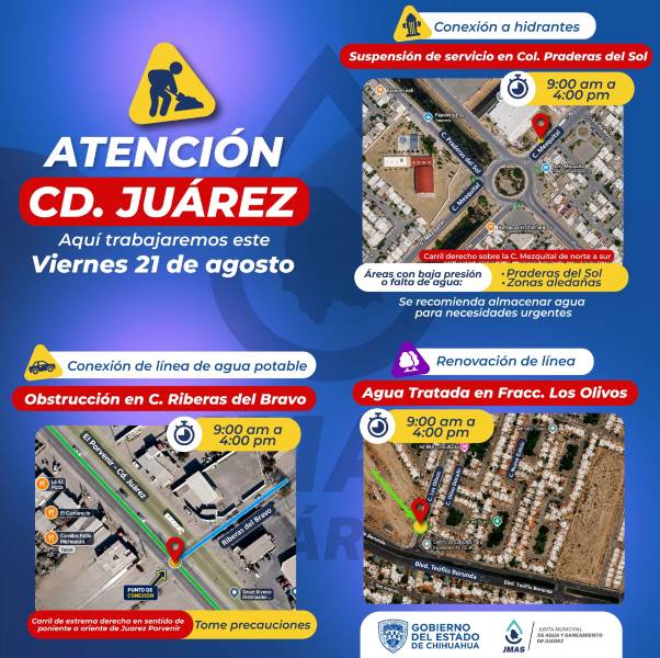 JMAS realizará trabajos de agua potable este viernes en distintos puntos de Juárez