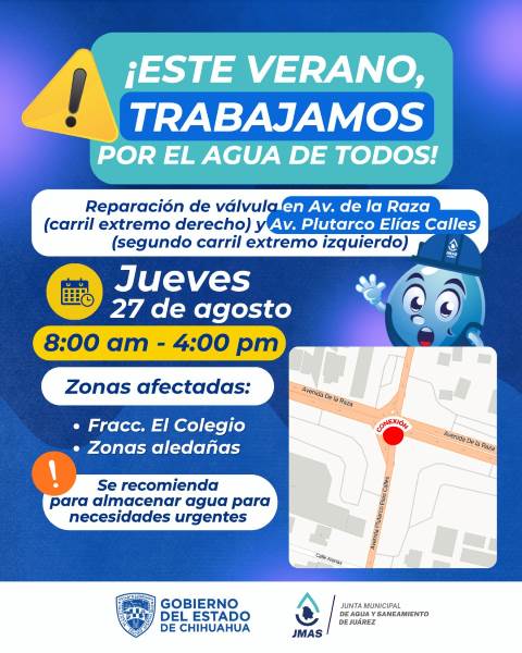 JMAS realizará reemplazo de válvula y suspenderá servicio de agua en sector de Plutarco Elías Calles