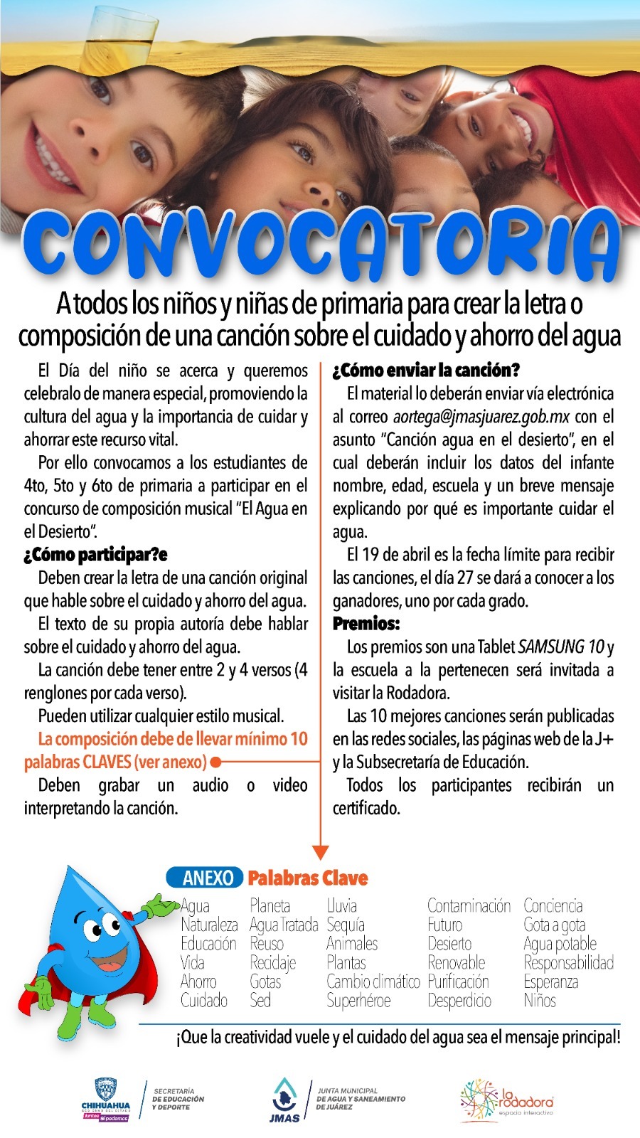Convoca JMAS a niños compositores a concurso musical El Agua en el Desierto.