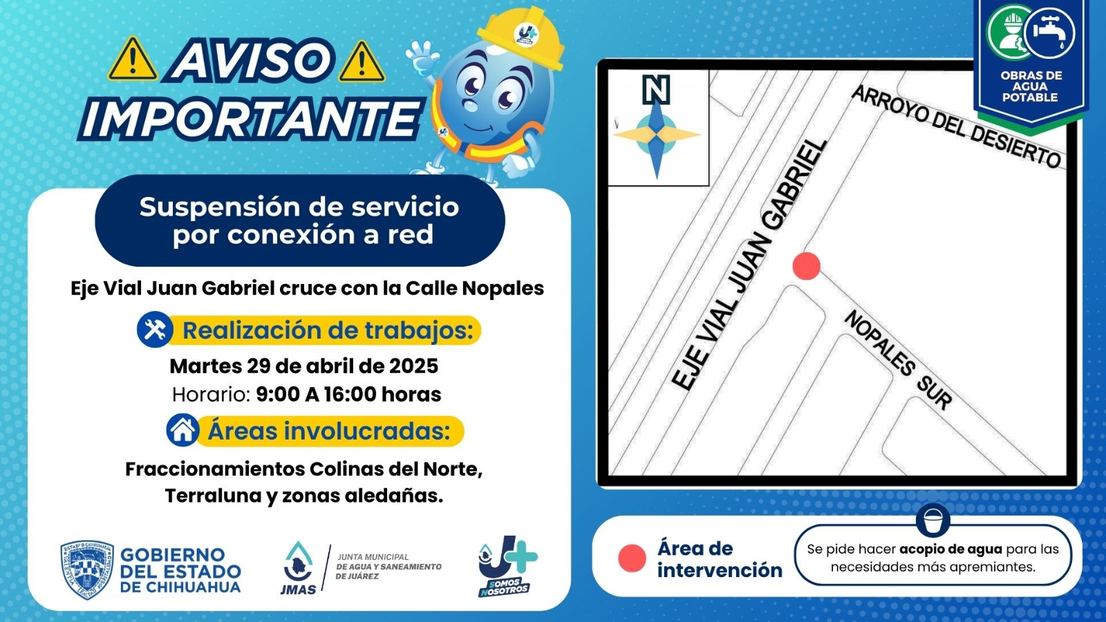 Anuncia JMAS suspensión temporal del servicio en el fraccionamiento Colinas del Norte.