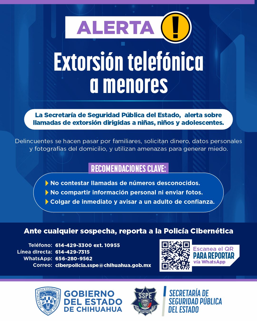 Alerta SSPE por llamadas de extorsión dirigidas a menores de edad.