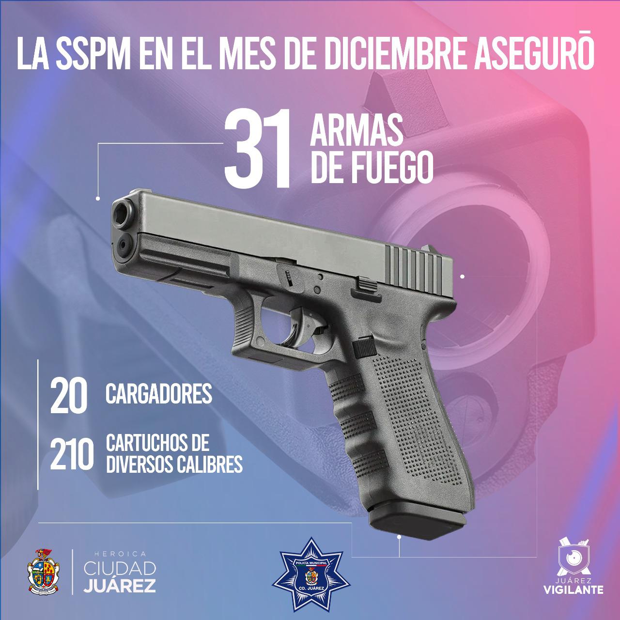 En distintas intervenciones, la SSPM aseguró 31 armas de diversos calibres durante diciembre.