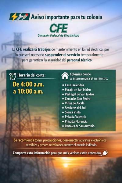 Suspensión energía eléctrica en varias colonias; podría afectar suministro de agua