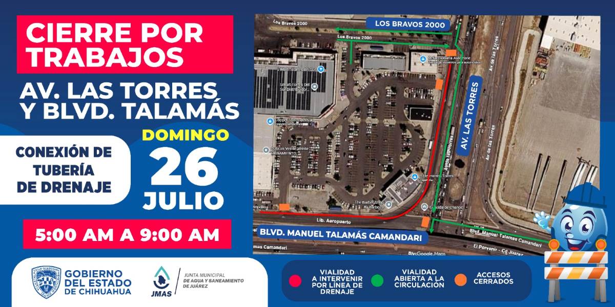 JMAS realizará cierre parcial en la avenida De las Torres por obras del colector Talamás Camandari