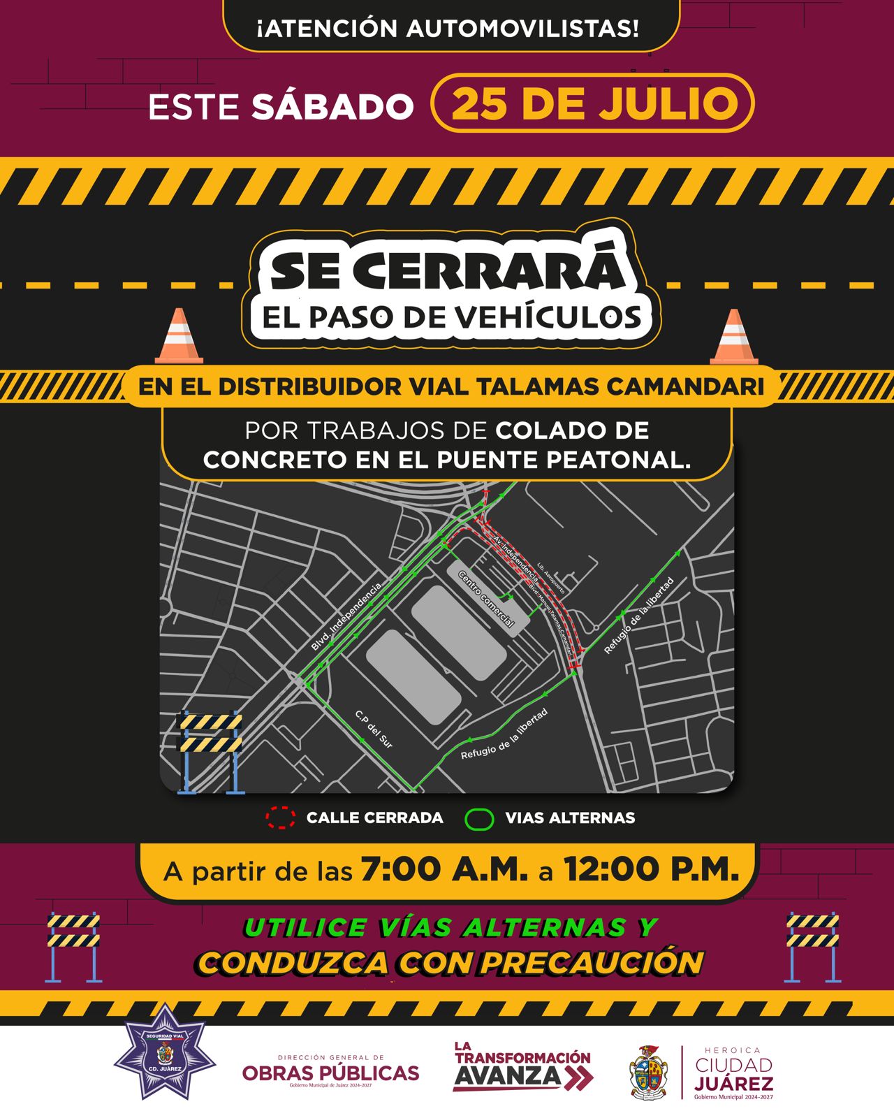 Anuncian cierres viales por trabajos en puente peatonal del bulevar Talamás Camandari