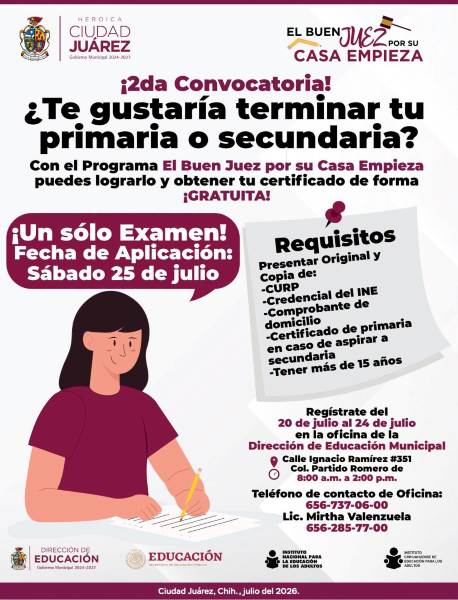 Segunda convocatoria para obtener certificado de primaria o secundaria con un examen