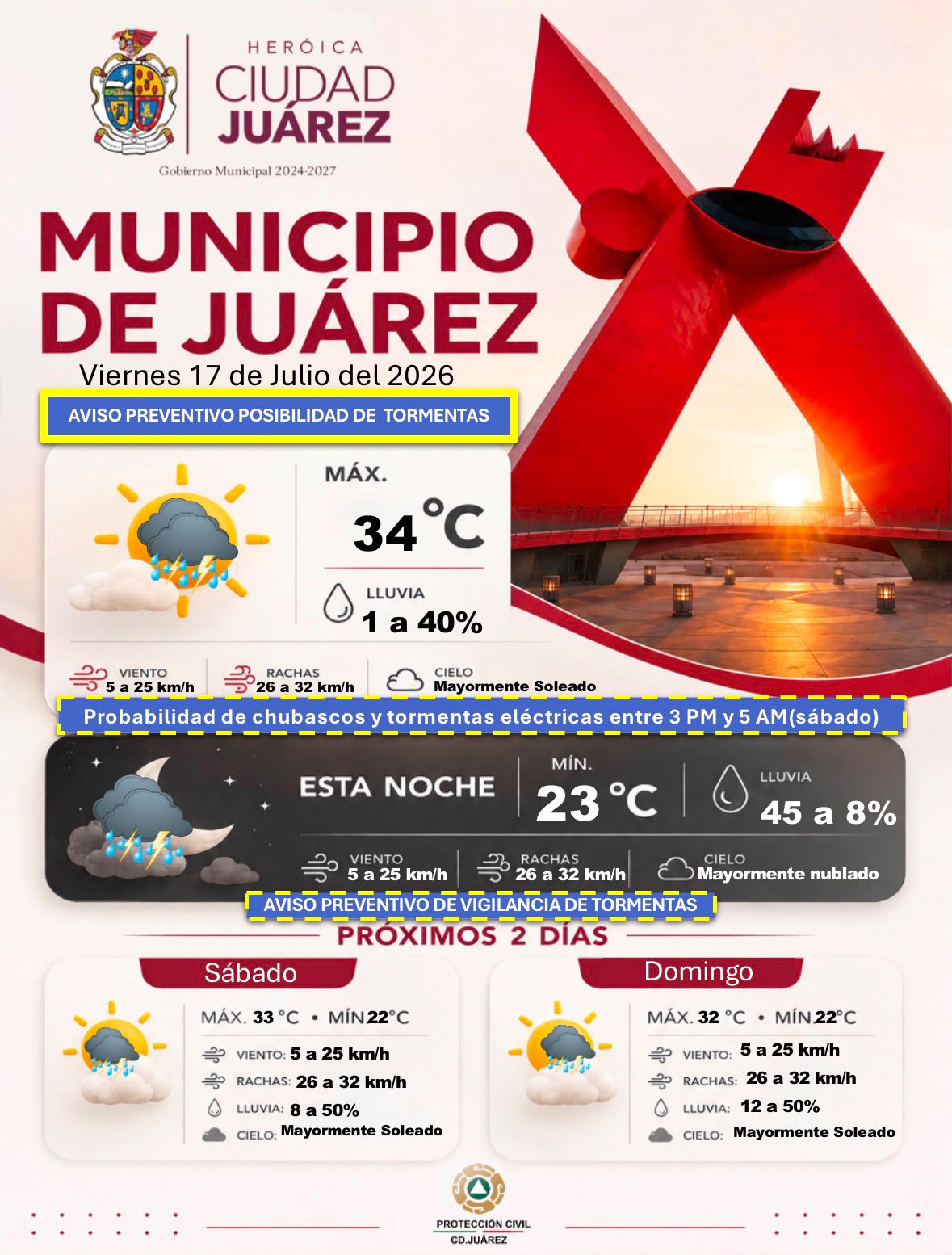 Emite Protección Civil aviso preventivo por posibles tormentas este viernes