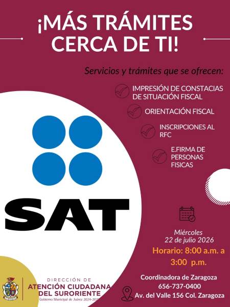 Acercarán servicios del SAT al suroriente de Ciudad Juárez con jornada de atención
