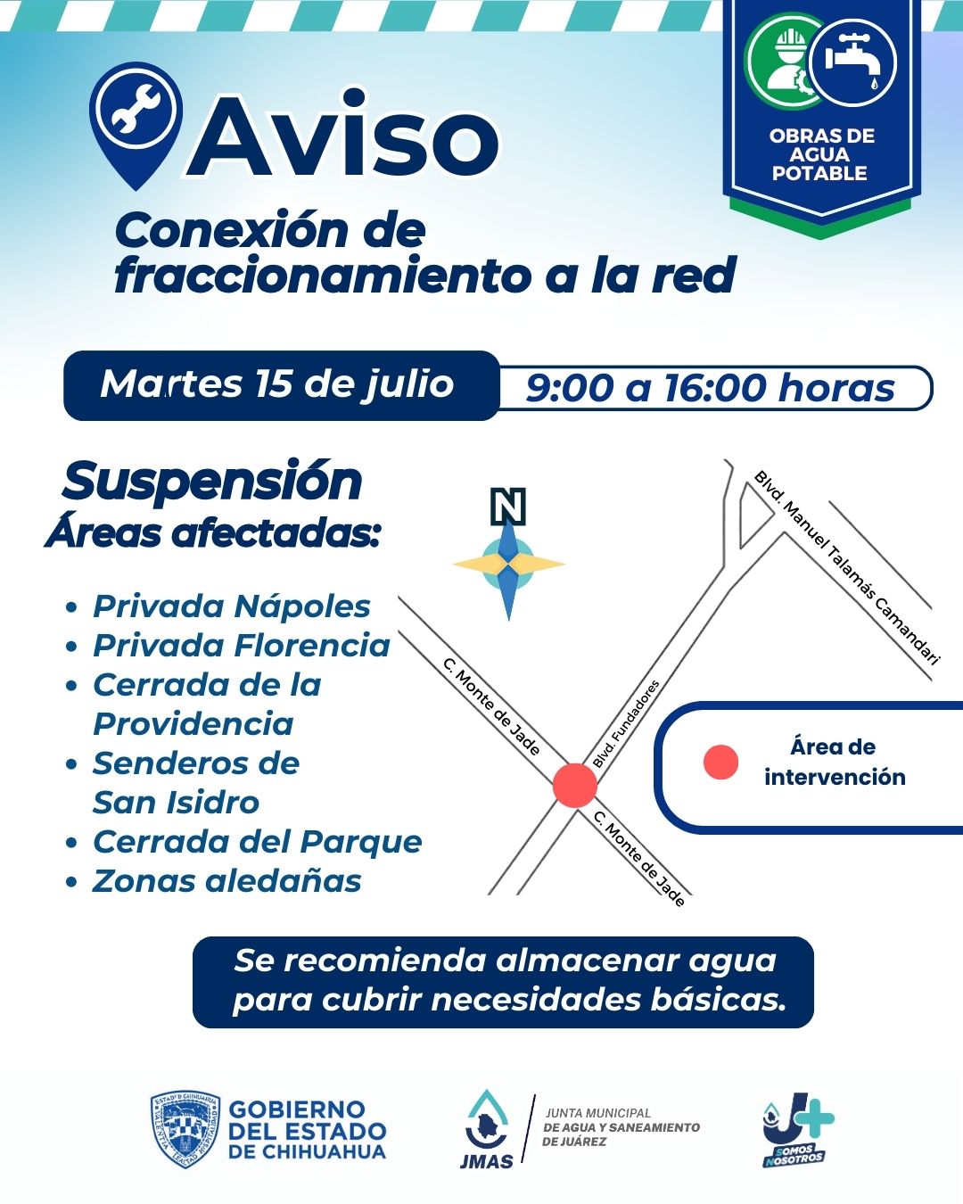 Anuncia JMAS suspensión del servicio en varias colonias para el martes.