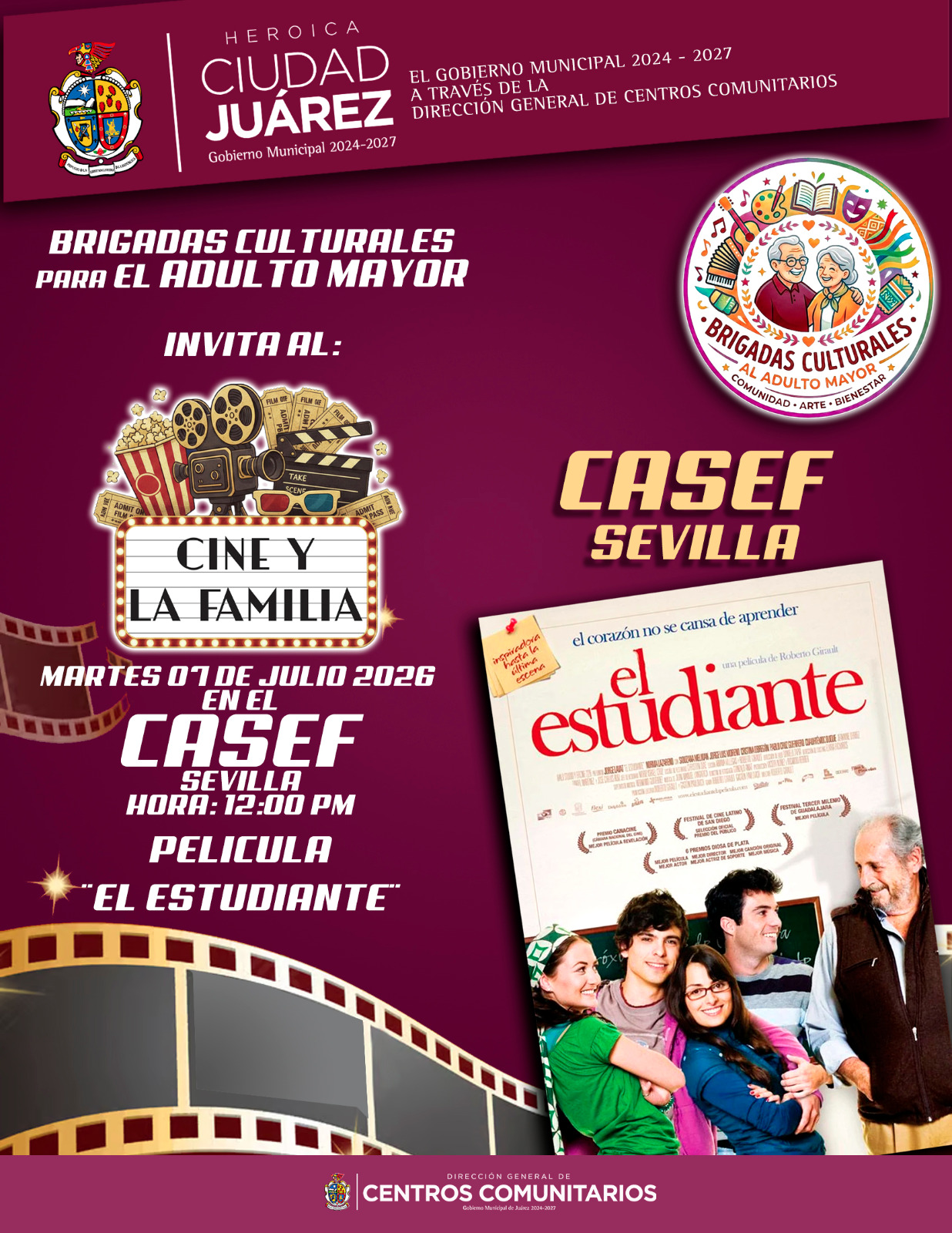 Ofrecerá CASEF Sevilla función de cine familiar con la exhibición de la cinta El Estudiante.