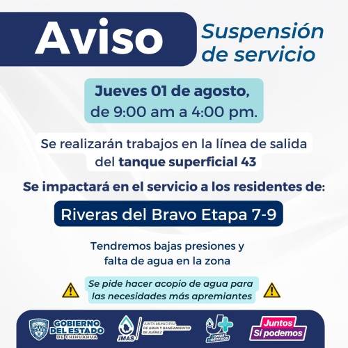 Suspenderán servicio de agua potable en Riberas del Bravo