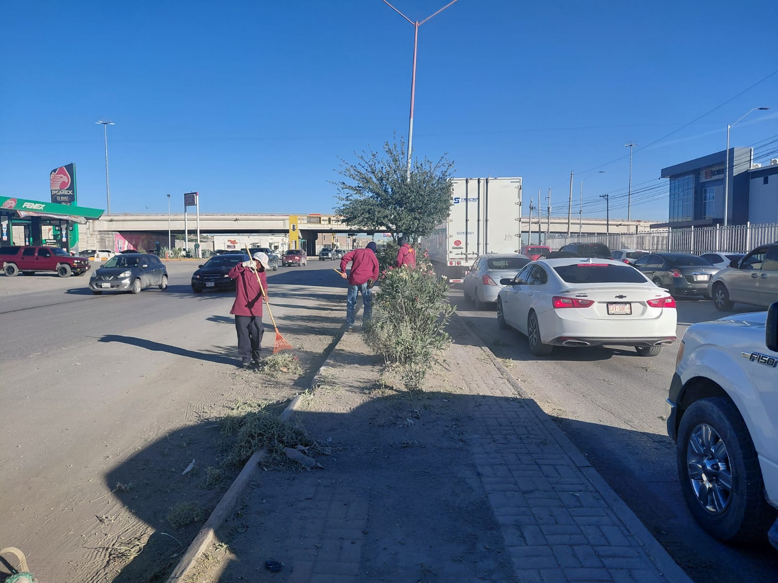 Realizan mantenimiento en camellón de la carretera Juárez–Porvenir