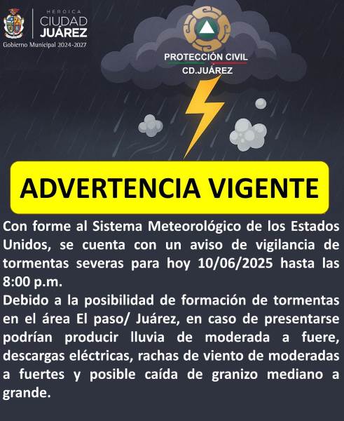 Emiten advertencia por posibles tormentas severas la tarde noche de este martes