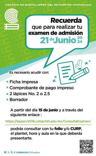 El (COBACH) aplicará el examen de admisión el 21 de junio de 2024