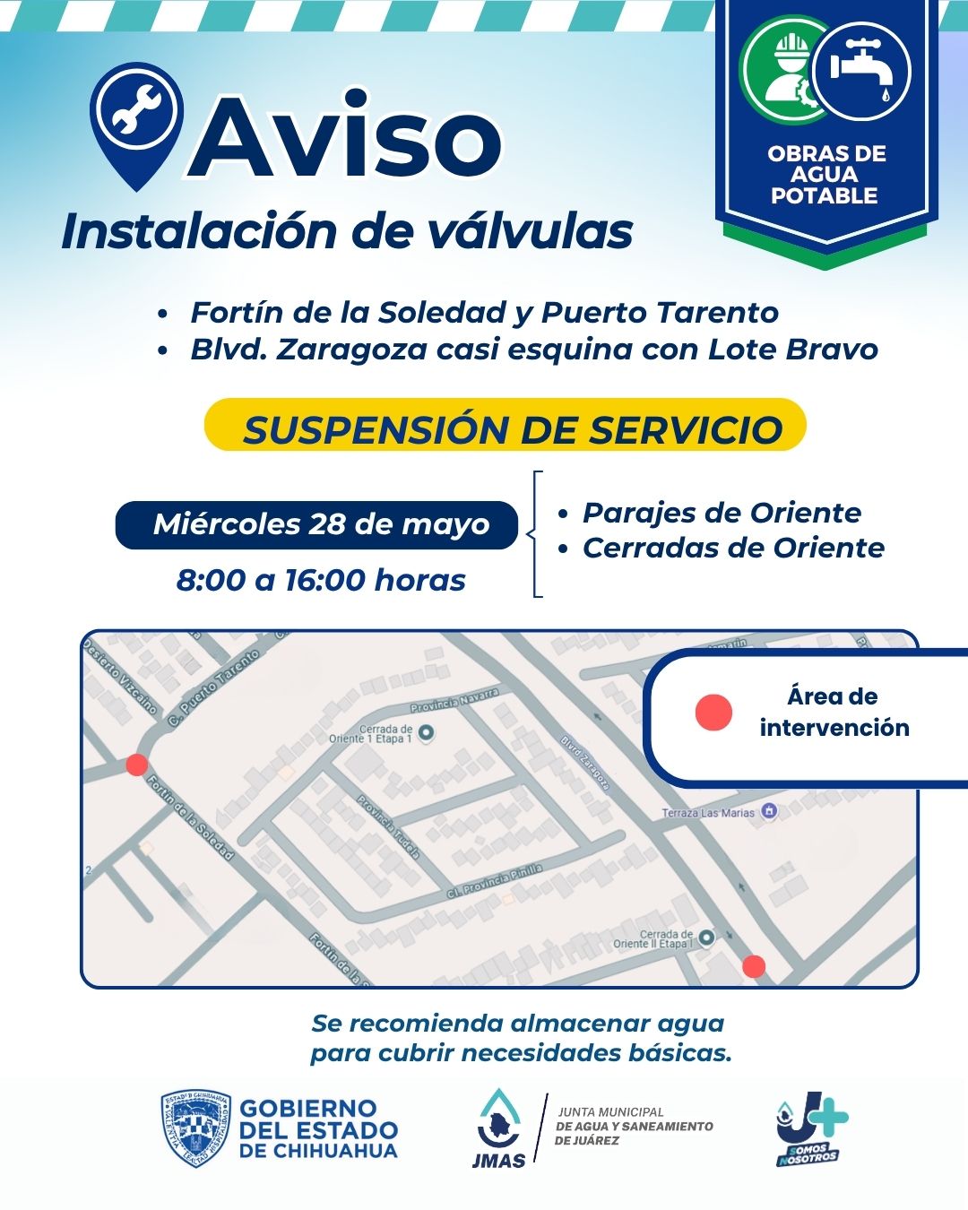 Por instalacion de válvulas suspende JMAS servicio en Parajes de Oriente y Cerradas de Oriente.