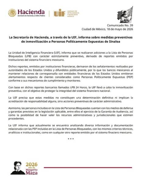 Sheinbaum confirma bloqueo preventivo de cuentas de Rubén Rocha Moya