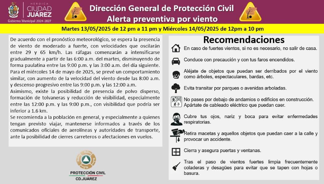 Emiten alerta preventiva por fuertes vientos en Ciudad Juárez los días 13 y 14 de mayo