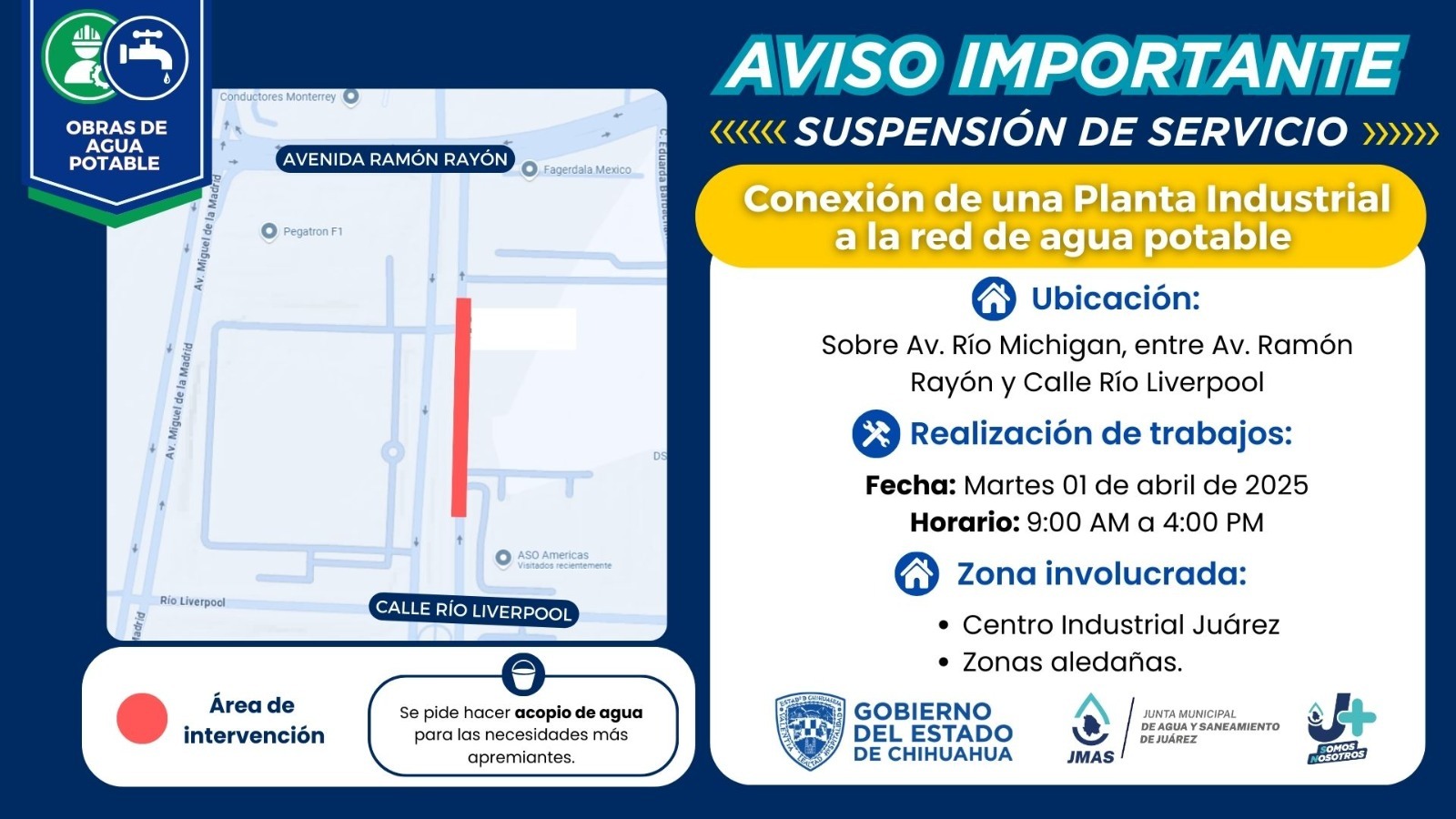 Anuncian suspensión de servicio de agua para el Centro Industrial Juárez.