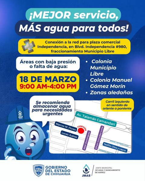 Anuncia la JMAS suspensión de agua por conexión a red en Ciudad Juárez
