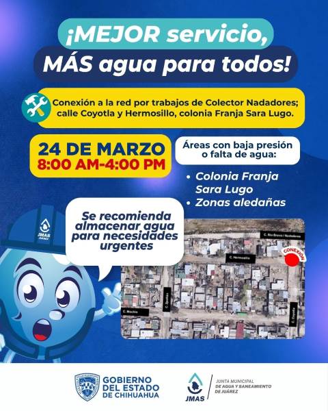 Suspenderán servicio de agua en Franja Sara Lugo por trabajos del Colector Nadadores