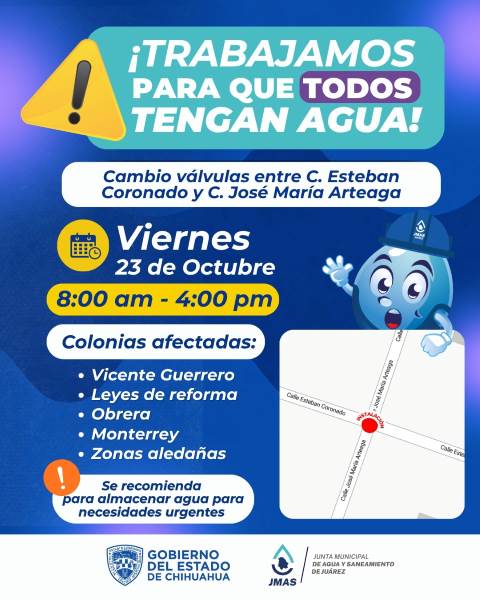 JMAS suspenderá el agua en cinco colonias de Juárez por cambio de válvulas