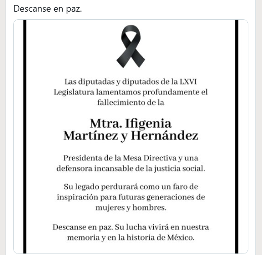 Lamenta Cámara de Diputados fallecimiento de la presidenta de la Mesa Directiva, Ifigenia Martínez