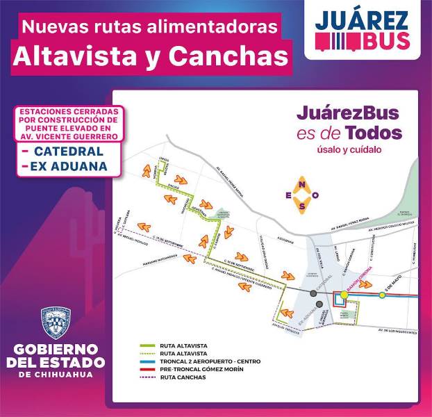 Anuncian cambio de ruta del JuárezBus por obras en avenida Vicente Guerrero