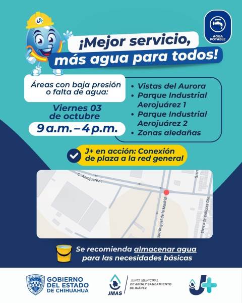 Recuerda hoy suspensión de agua por la J+ que realizará trabajos de conexión a red de agua potable en dos puntos de la ciudad