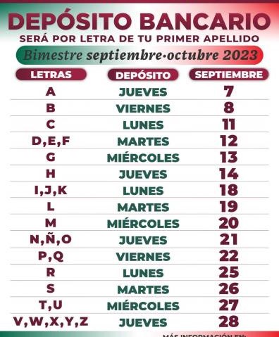 Publica Bienestar calendario de pagos del bimestre septiembre – octubre de la Pensión de Adultos Mayores.