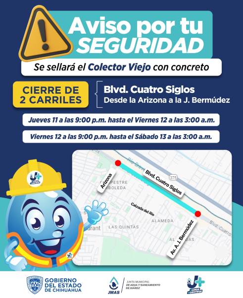 La J+ advierte del cierre de dos carriles por trabajos nocturnos para sellar colector viejo en el Bulevar Cuatro Siglos