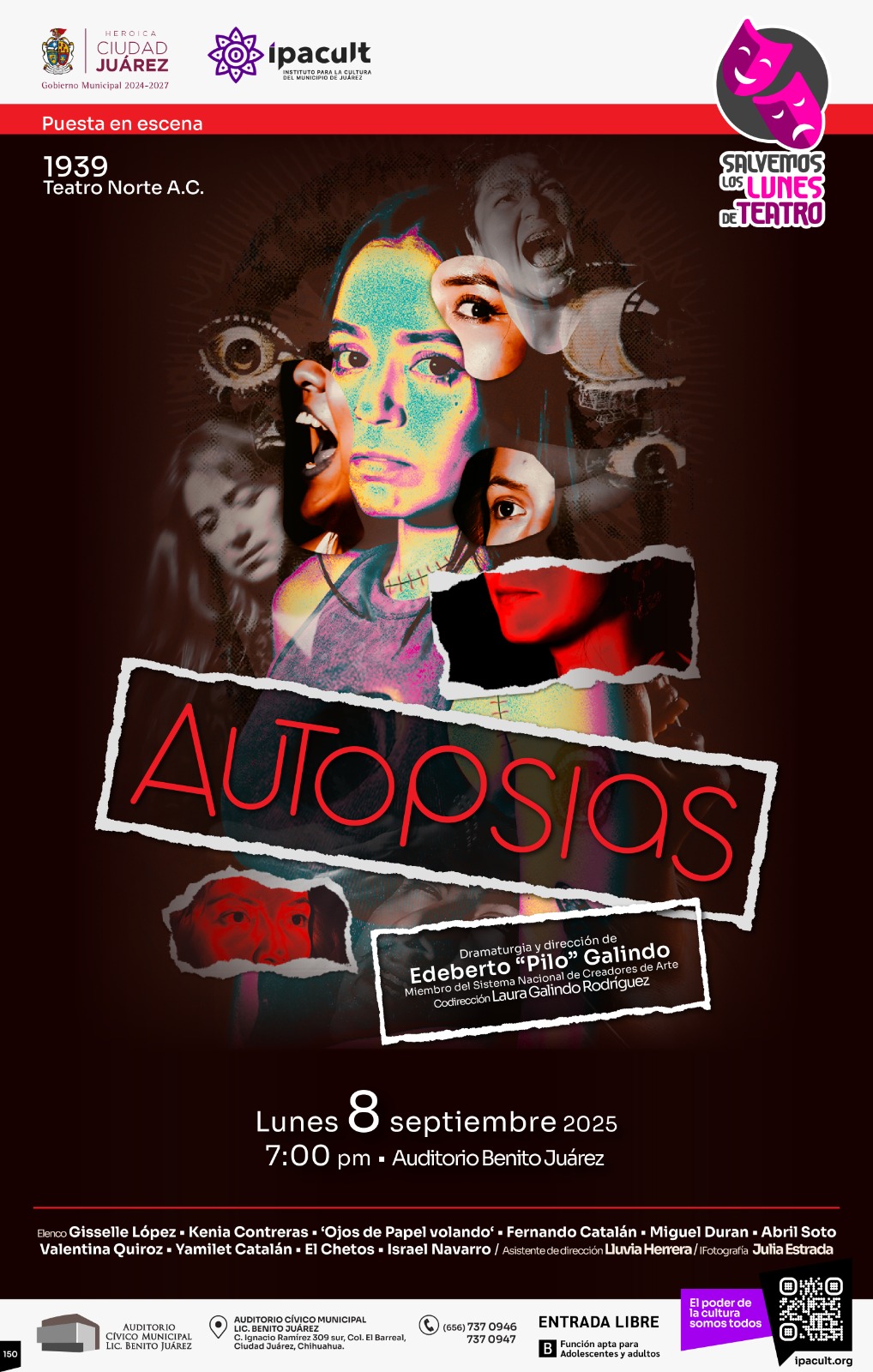 Presentarán obra "Autopsias" de Edeberto “Pilo” Galindo en el Auditorio Benito Juárez